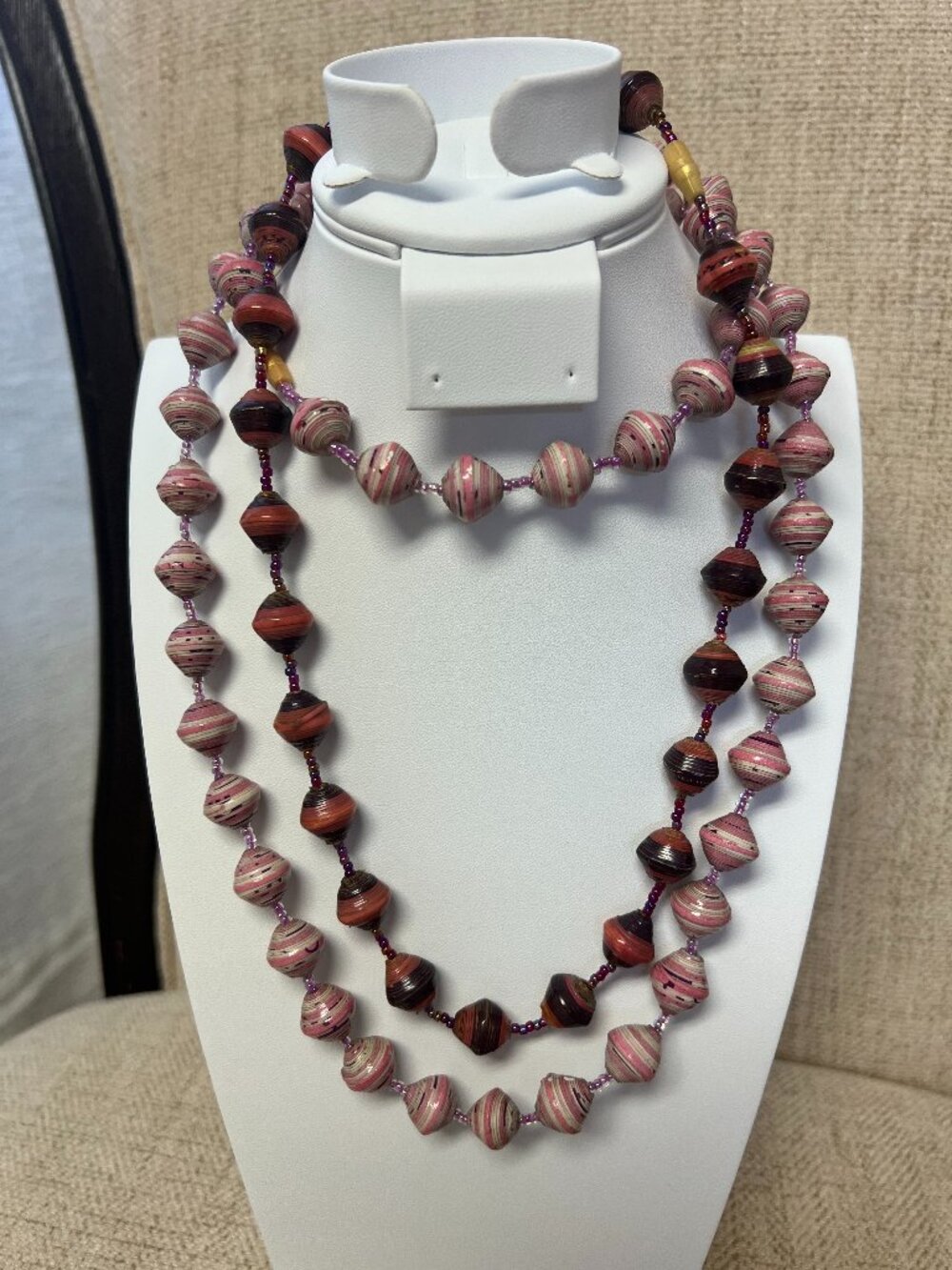 Vintage HANDMADE ROLLED PAPER bead MULTICOLOR NECKLACE lot pink purple burgundy